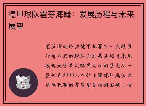 德甲球队霍芬海姆：发展历程与未来展望